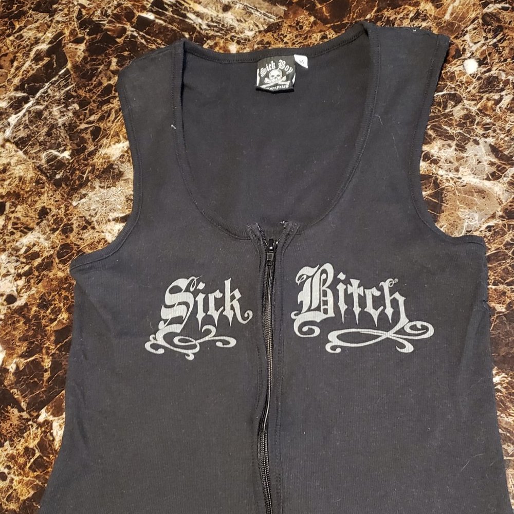 "Sick Bi***" Black Zip Up Tank Top